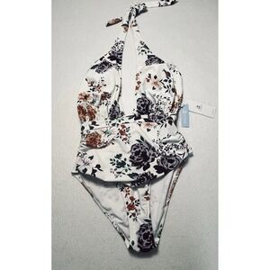 Cupshe Swimsuit One Piece Size Large Floral Halter Plunge Lined Swim NEW